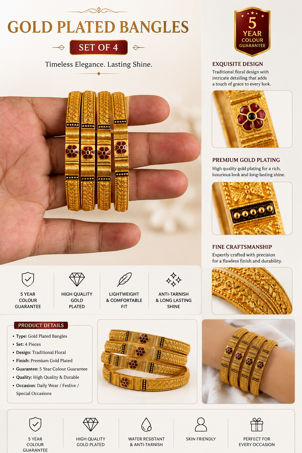 Royal Floral Gold Plated Bangles – Set of 4